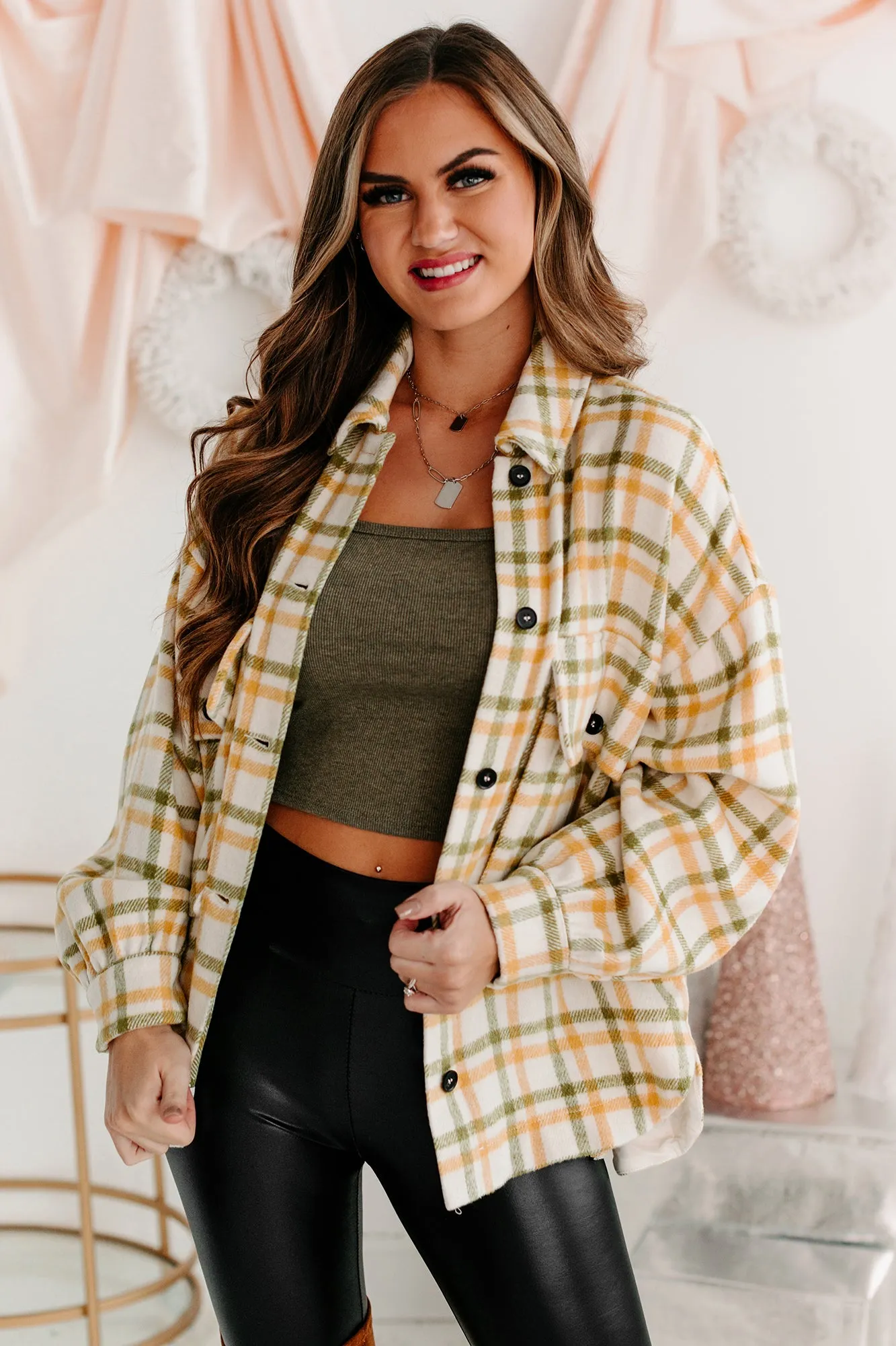 Cold Drives Oversized Plaid Shacket (Mustard/Sage)