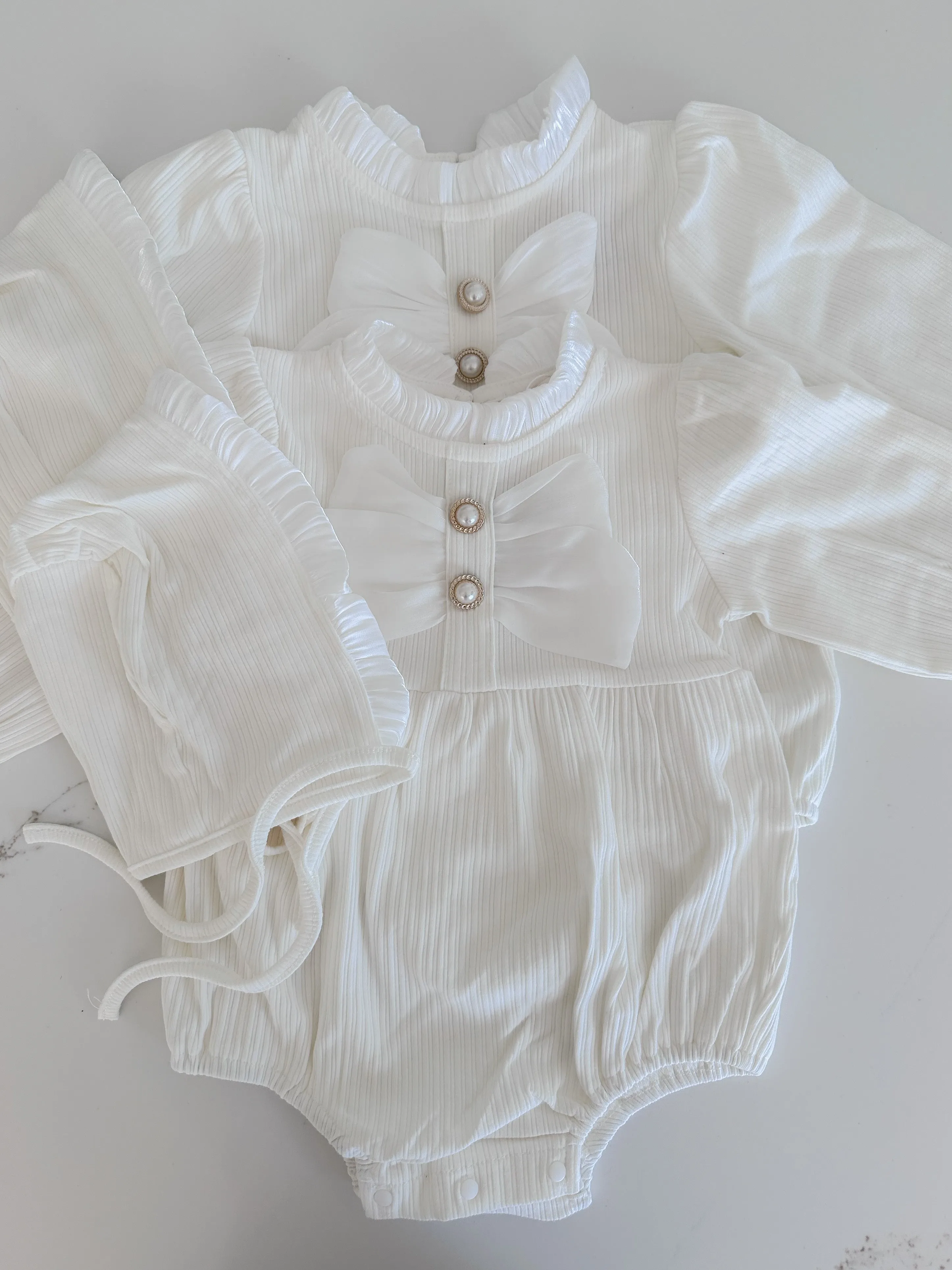 Cotton Bow Romper With Matching Bonnet