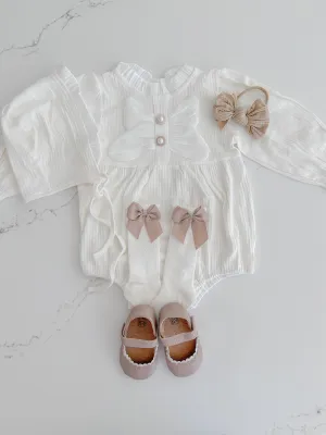 Cotton Bow Romper With Matching Bonnet