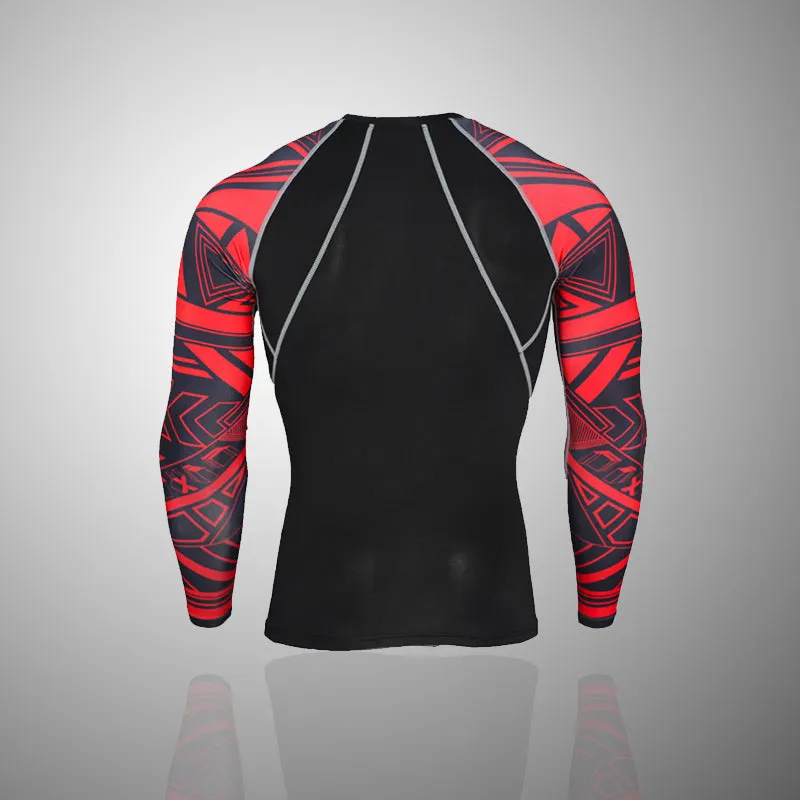 Crimson Abstract Long Sleeve No Gi BJJ Compression Rash Guard & Leggings/Spats for Jiu Jitsu, MMA, Grappling and Wrestling Kit