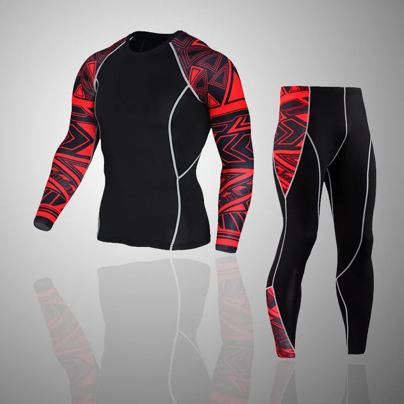 Crimson Abstract Long Sleeve No Gi BJJ Compression Rash Guard & Leggings/Spats for Jiu Jitsu, MMA, Grappling and Wrestling Kit