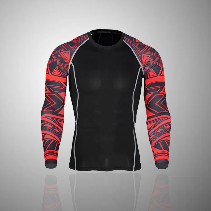 Crimson Abstract Long Sleeve No Gi BJJ Compression Rash Guard & Leggings/Spats for Jiu Jitsu, MMA, Grappling and Wrestling Kit
