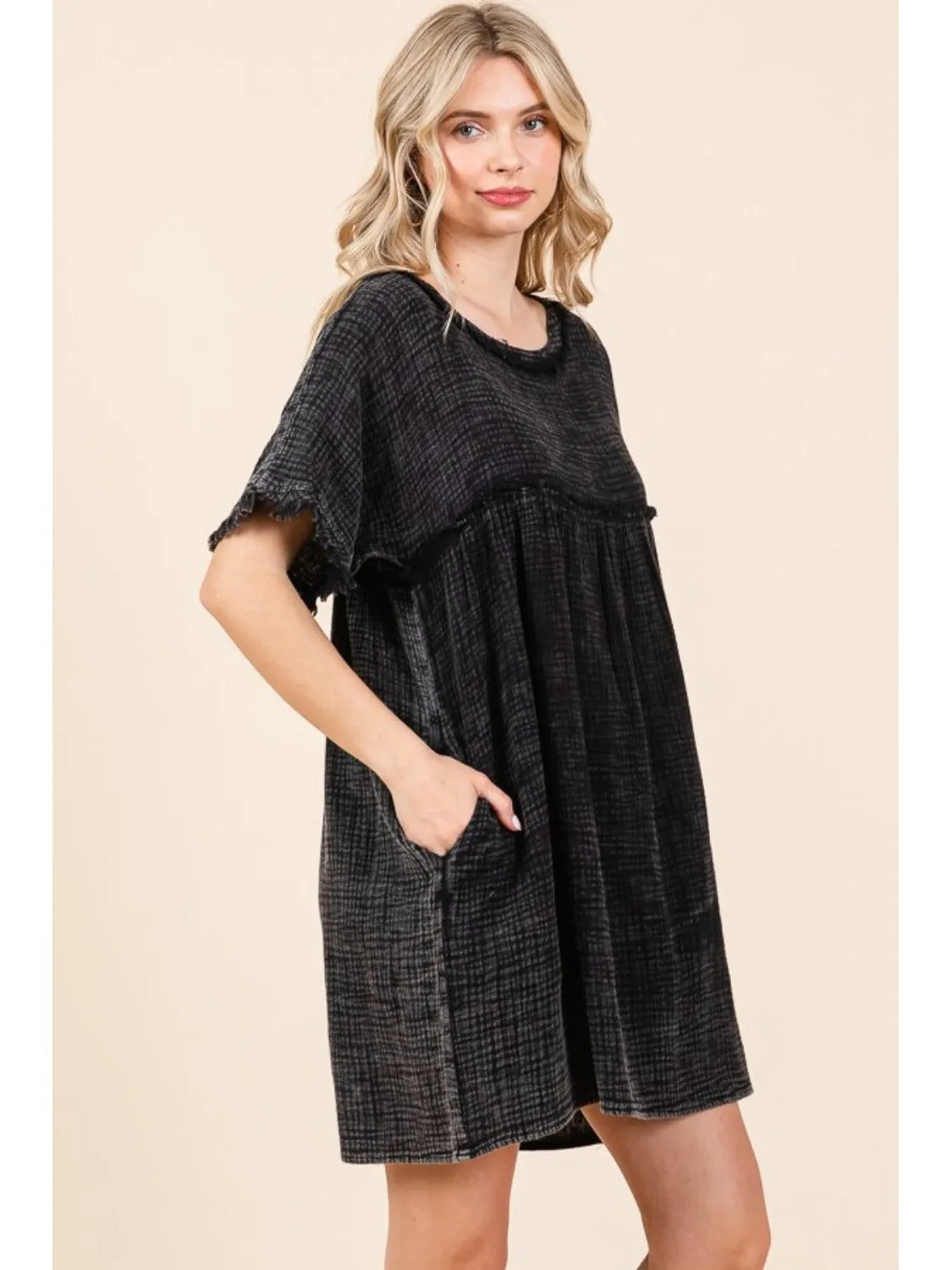 Culture Code Full Size Short Sleeve Babydoll Texture Dress with Pockets