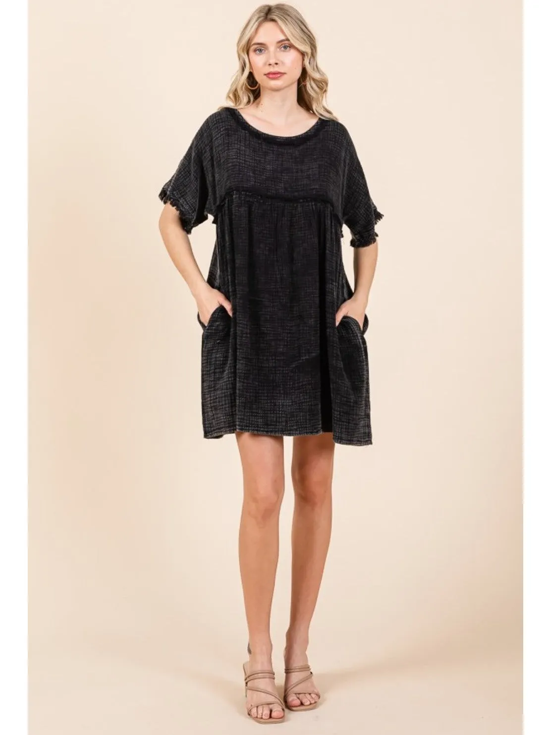 Culture Code Full Size Short Sleeve Babydoll Texture Dress with Pockets