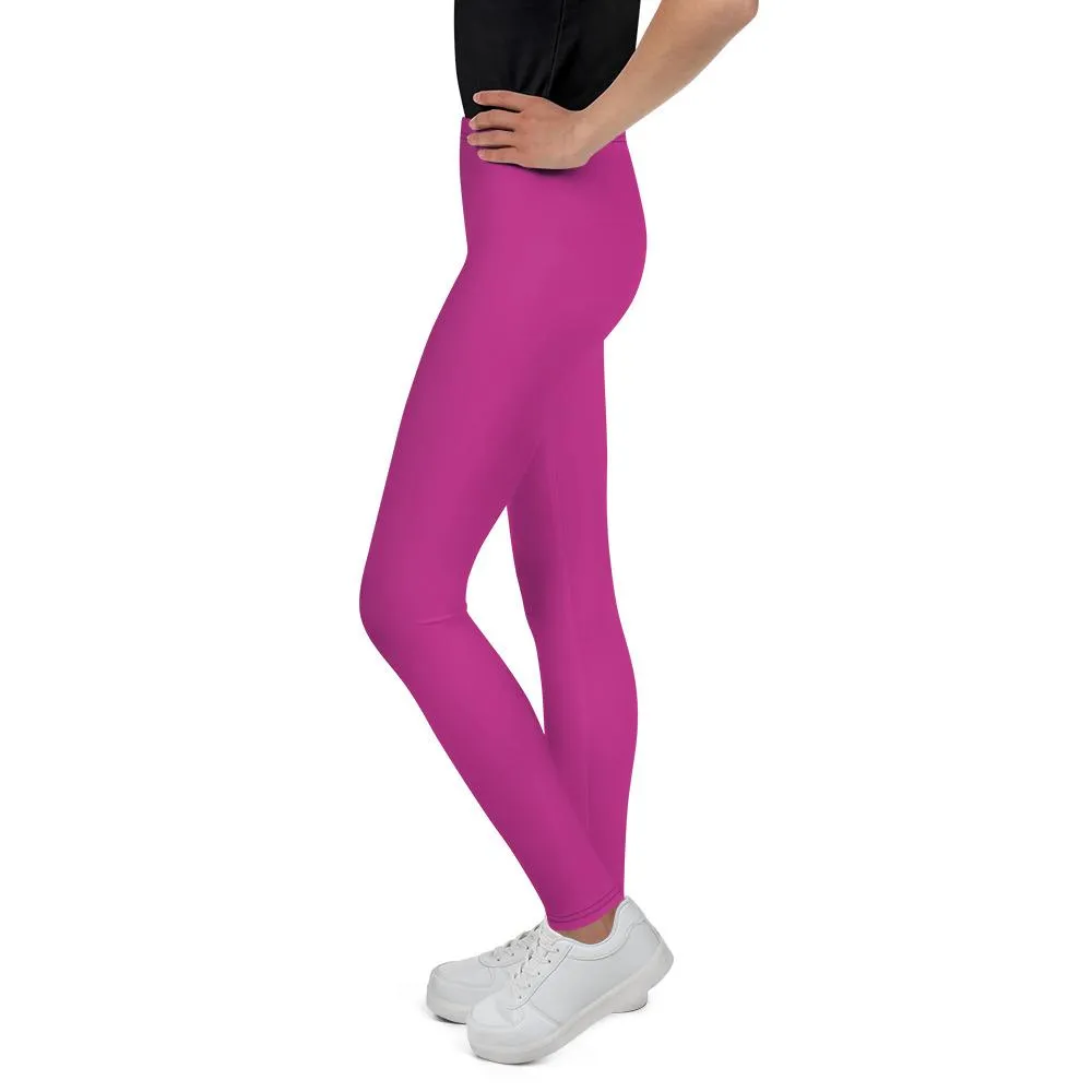 Cute Bright Pink Solid Color Premium Youth Gym Tights Pants Leggings- Made in USA/EU