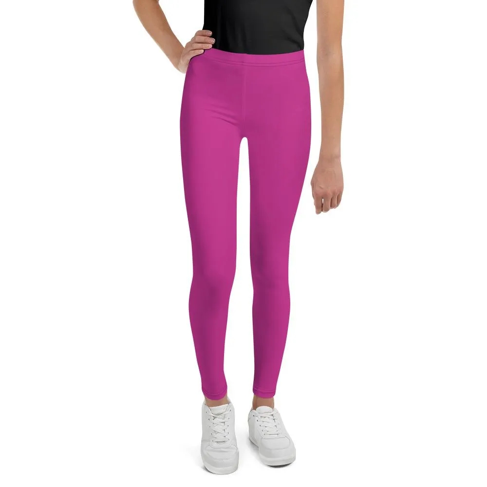 Cute Bright Pink Solid Color Premium Youth Gym Tights Pants Leggings- Made in USA/EU