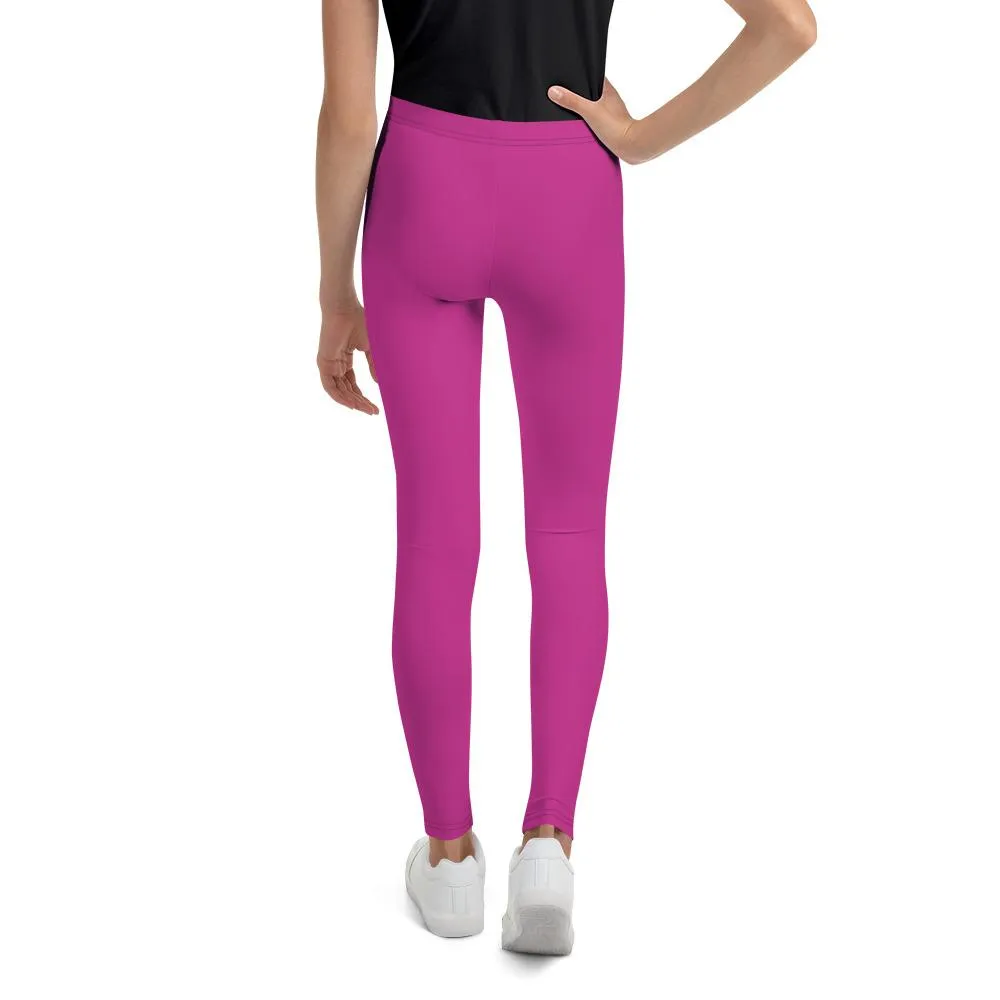 Cute Bright Pink Solid Color Premium Youth Gym Tights Pants Leggings- Made in USA/EU