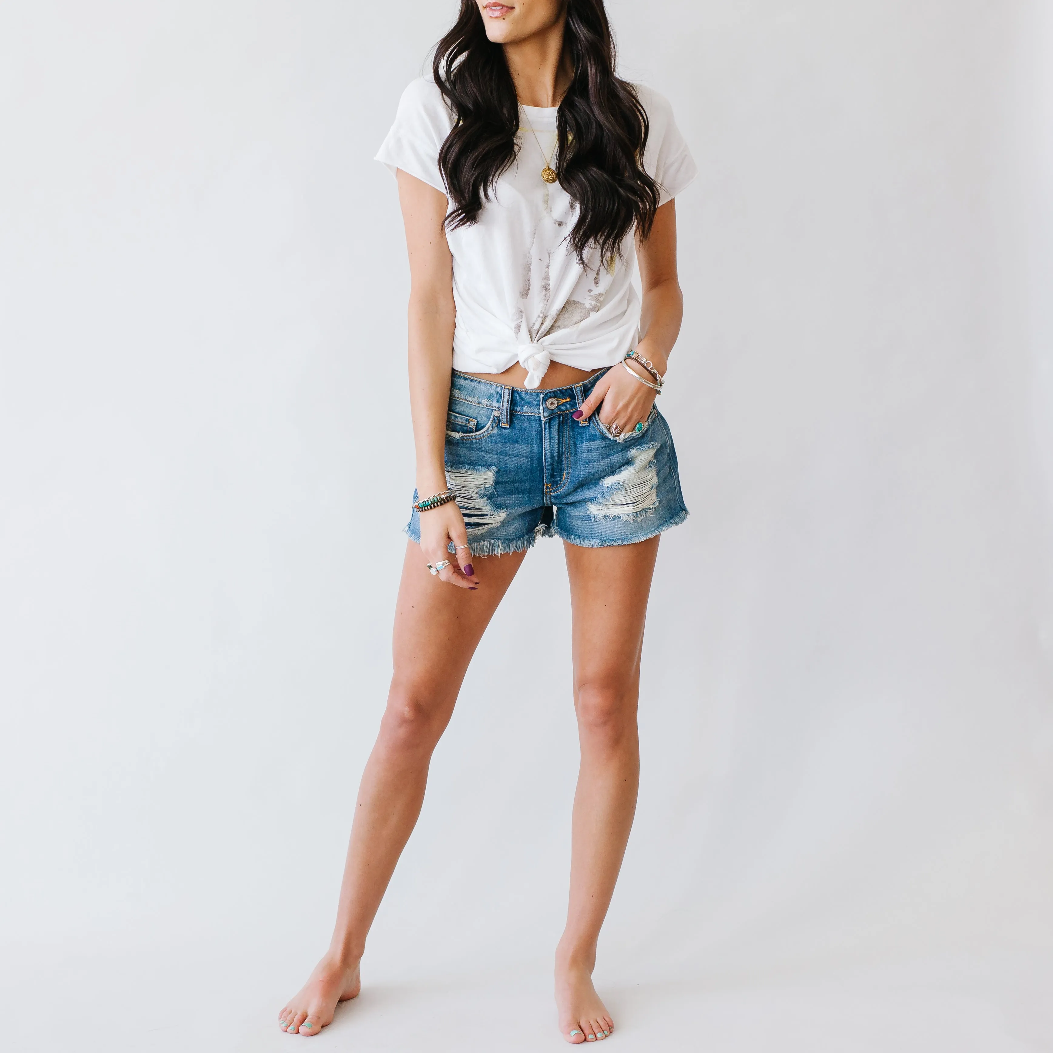 Distressed Kancan Shorts in Medium Wash