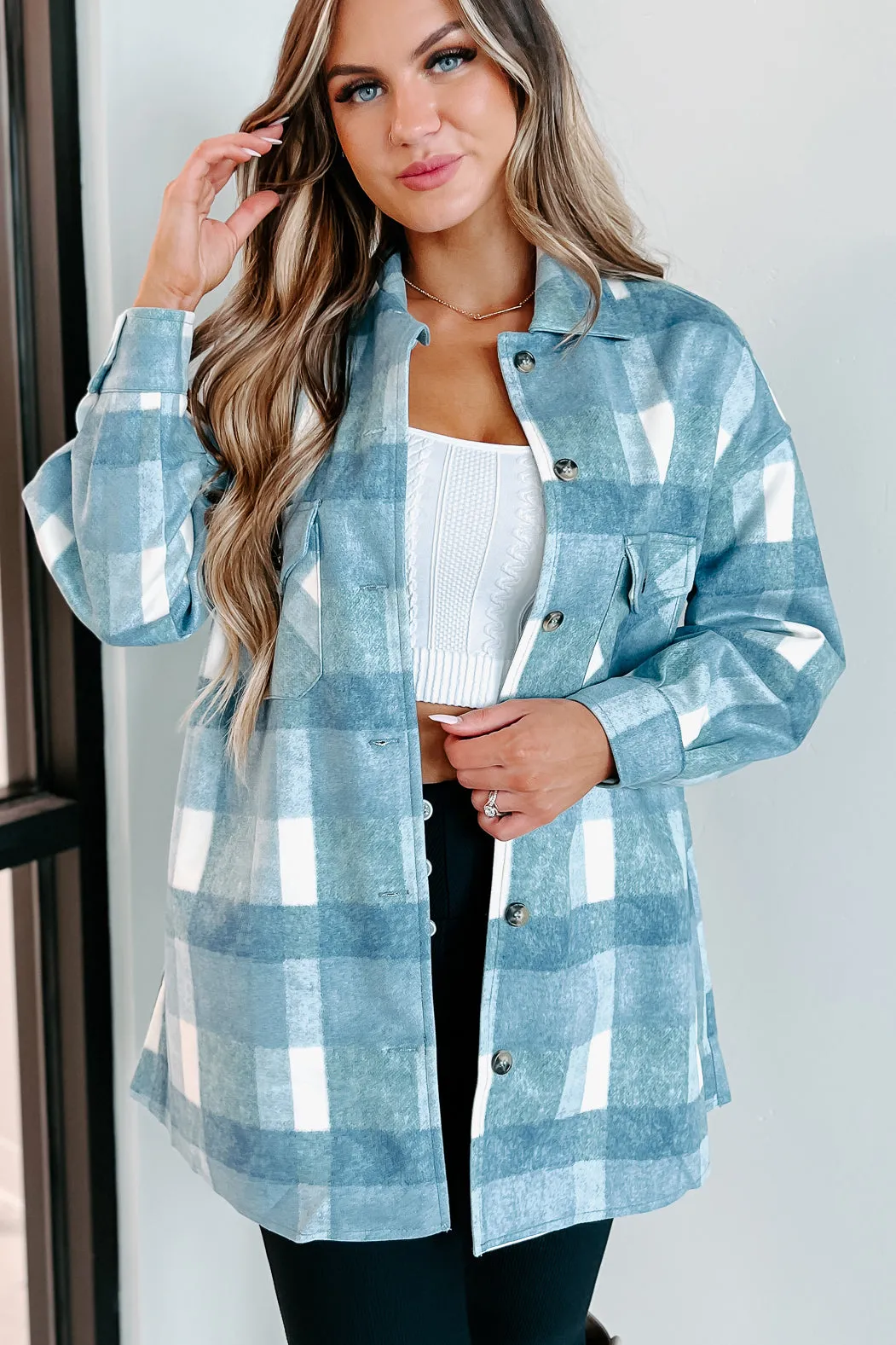 Easy To Read Long Plaid Shacket (Blue)