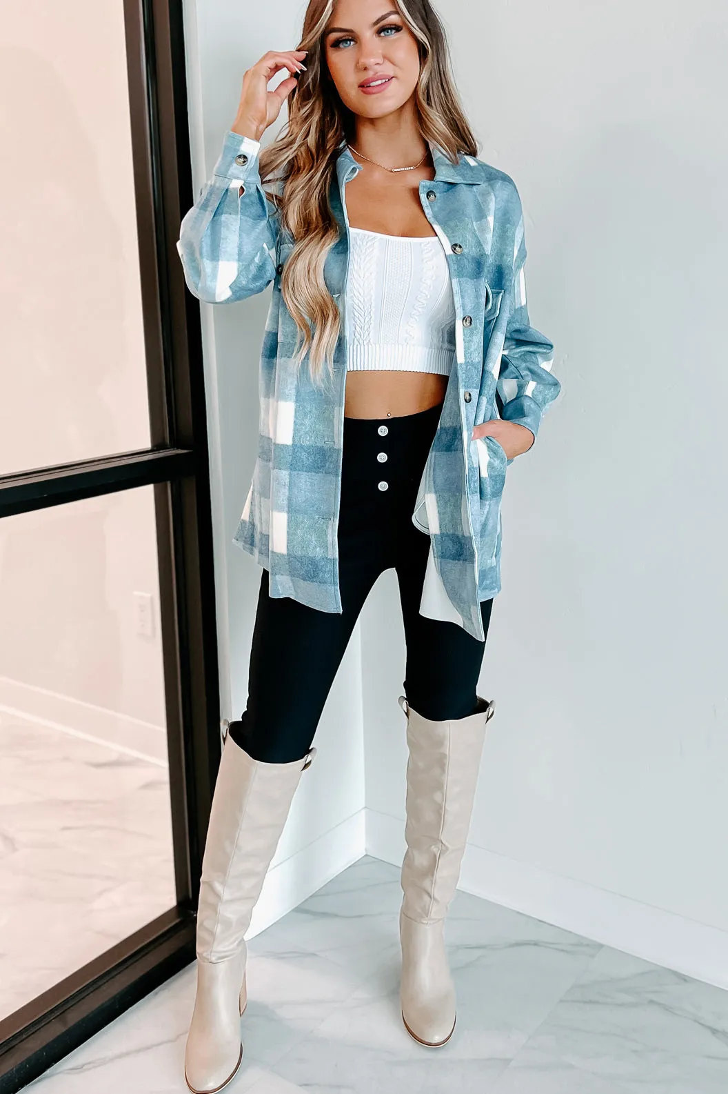 Easy To Read Long Plaid Shacket (Blue)