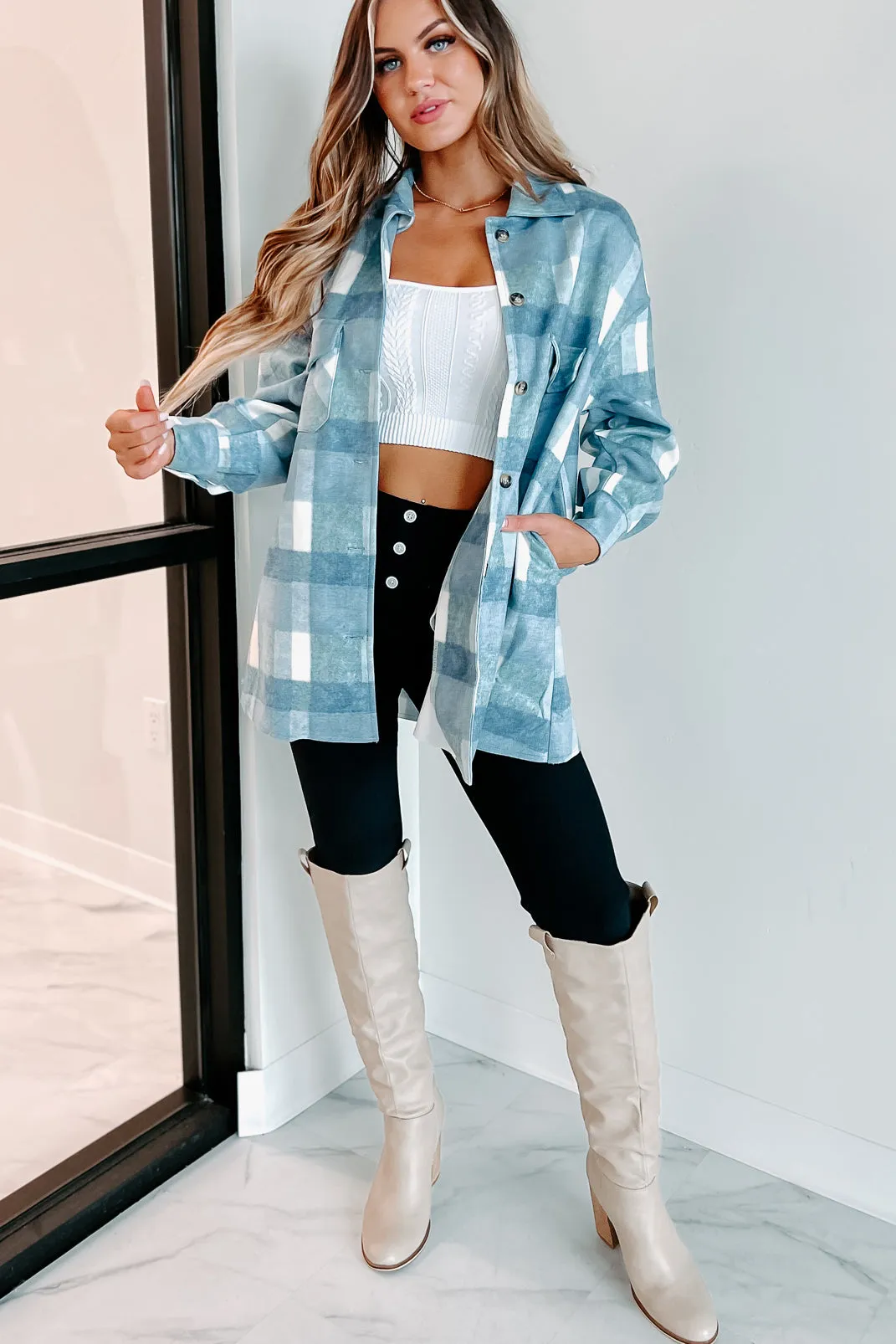 Easy To Read Long Plaid Shacket (Blue)