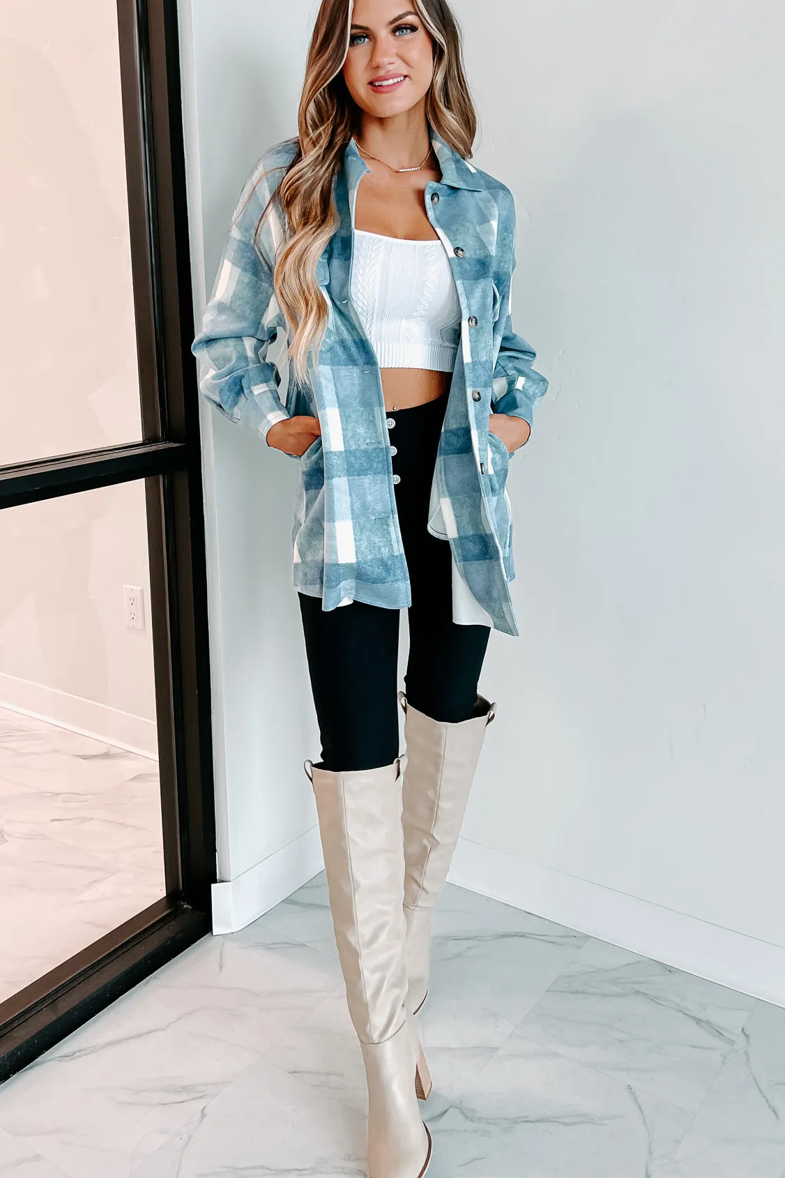 Easy To Read Long Plaid Shacket (Blue)