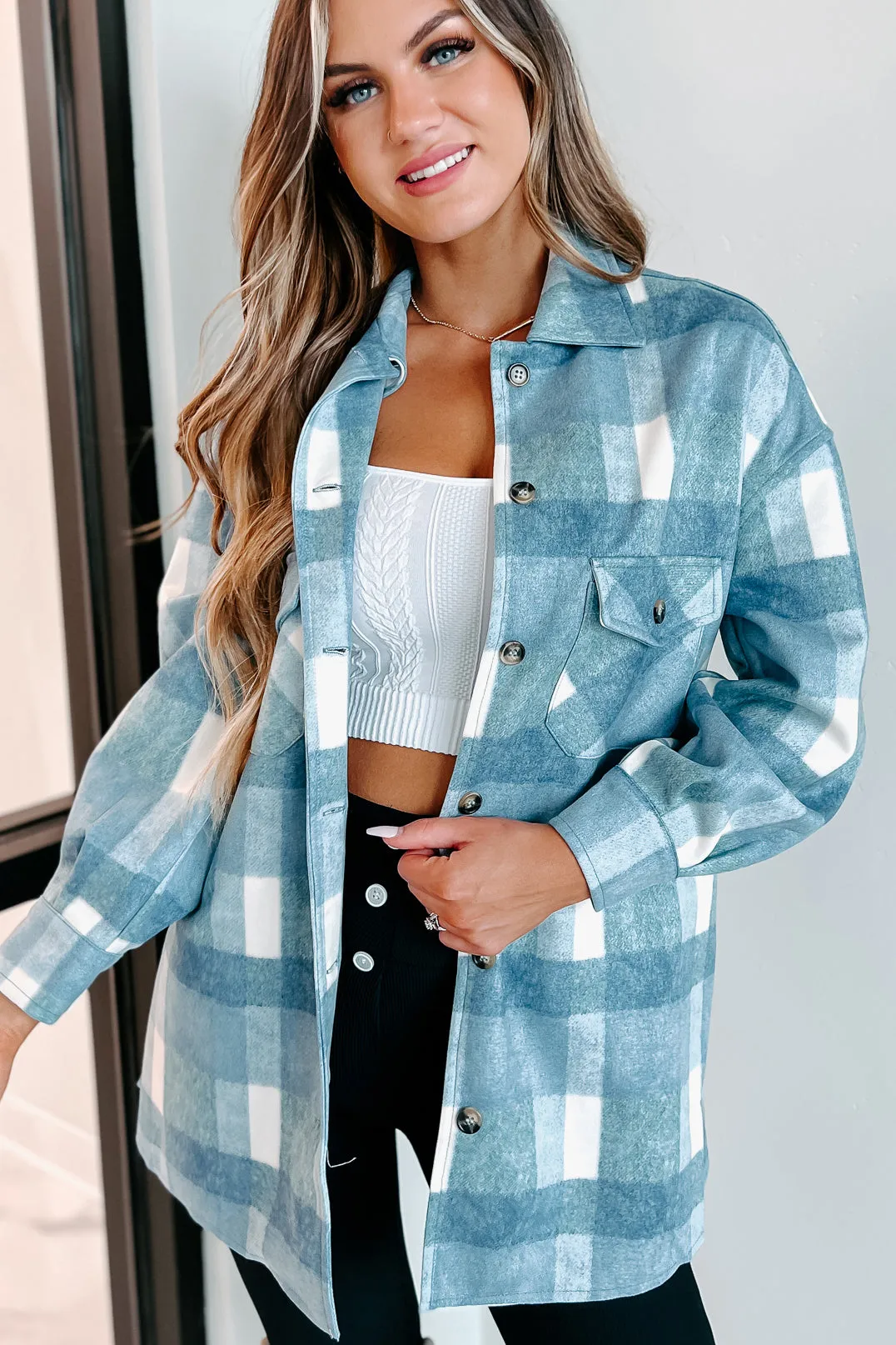 Easy To Read Long Plaid Shacket (Blue)