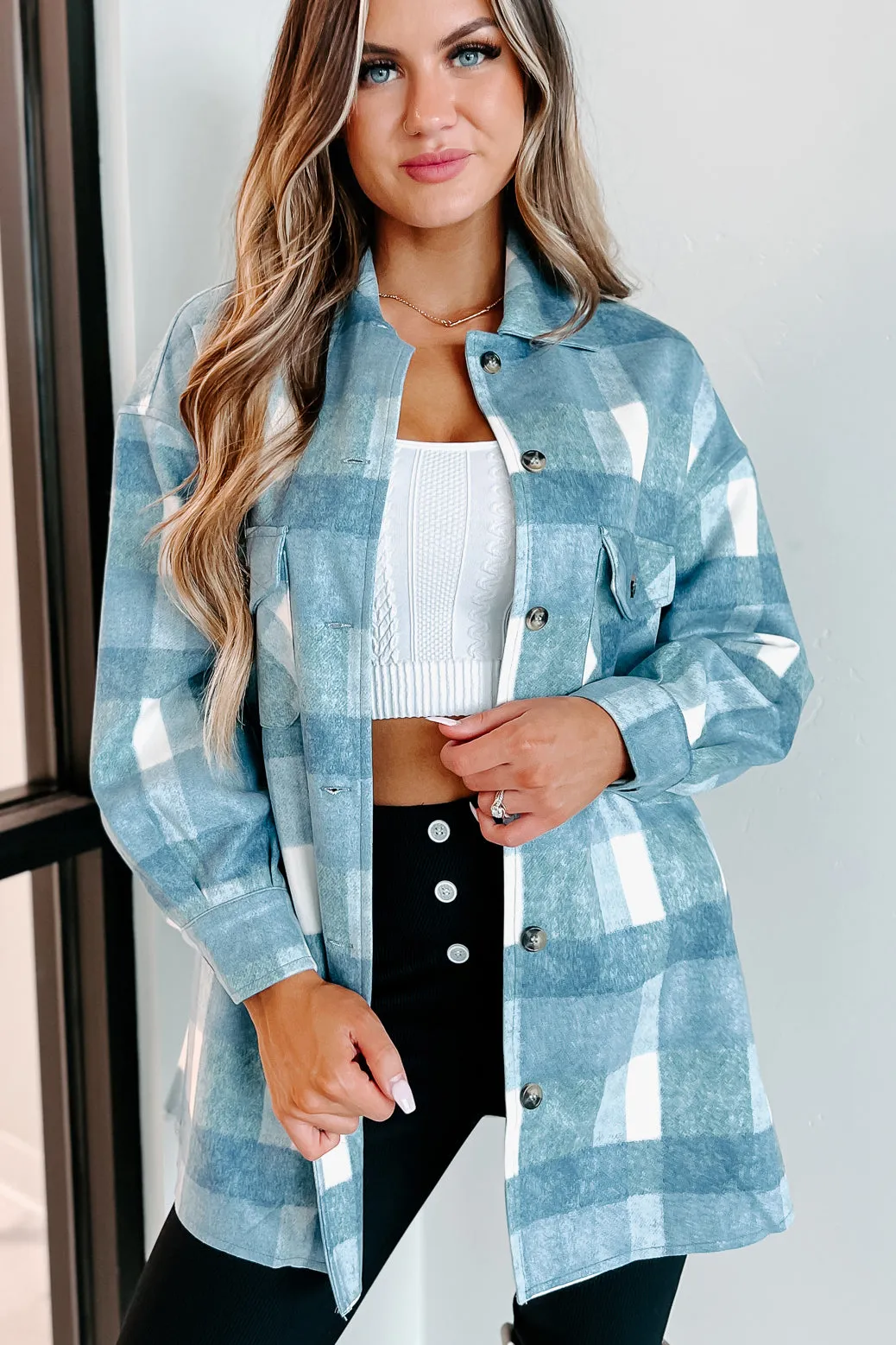 Easy To Read Long Plaid Shacket (Blue)