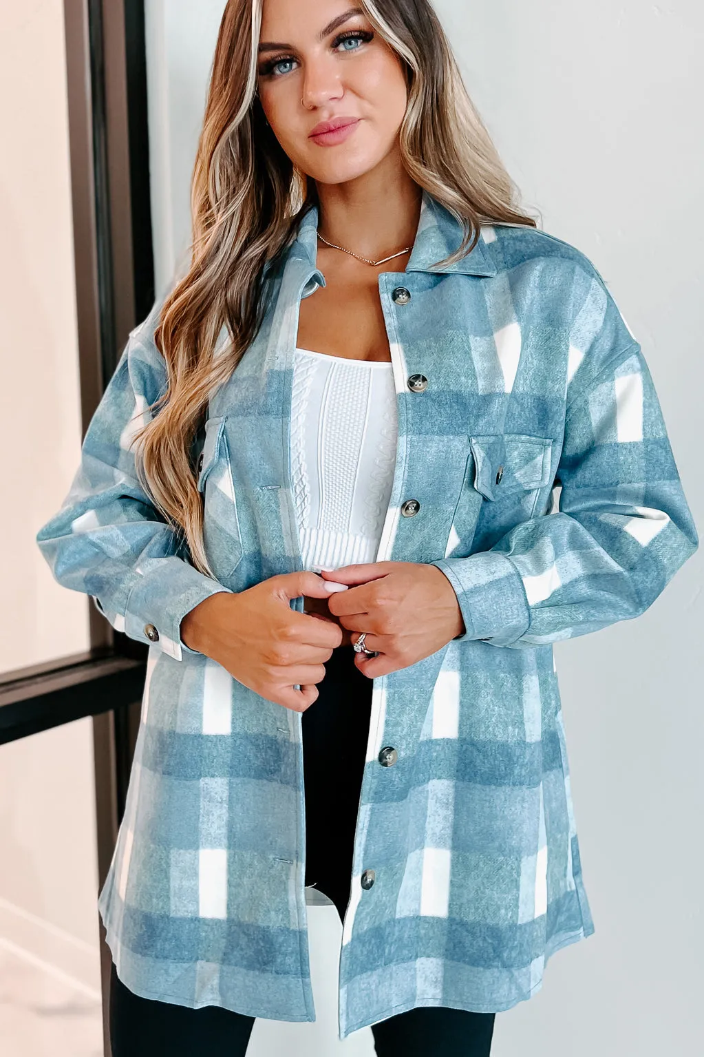 Easy To Read Long Plaid Shacket (Blue)