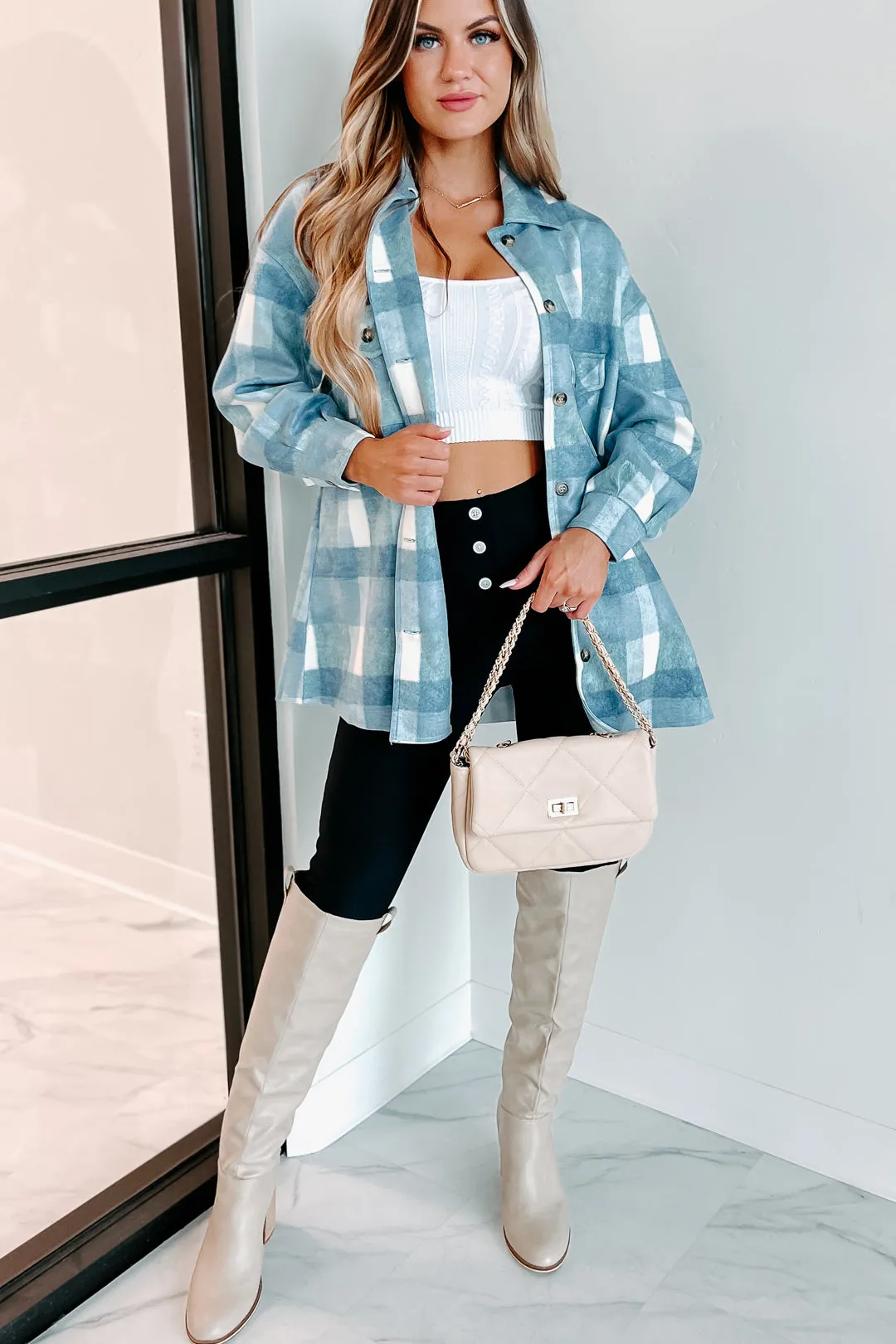 Easy To Read Long Plaid Shacket (Blue)