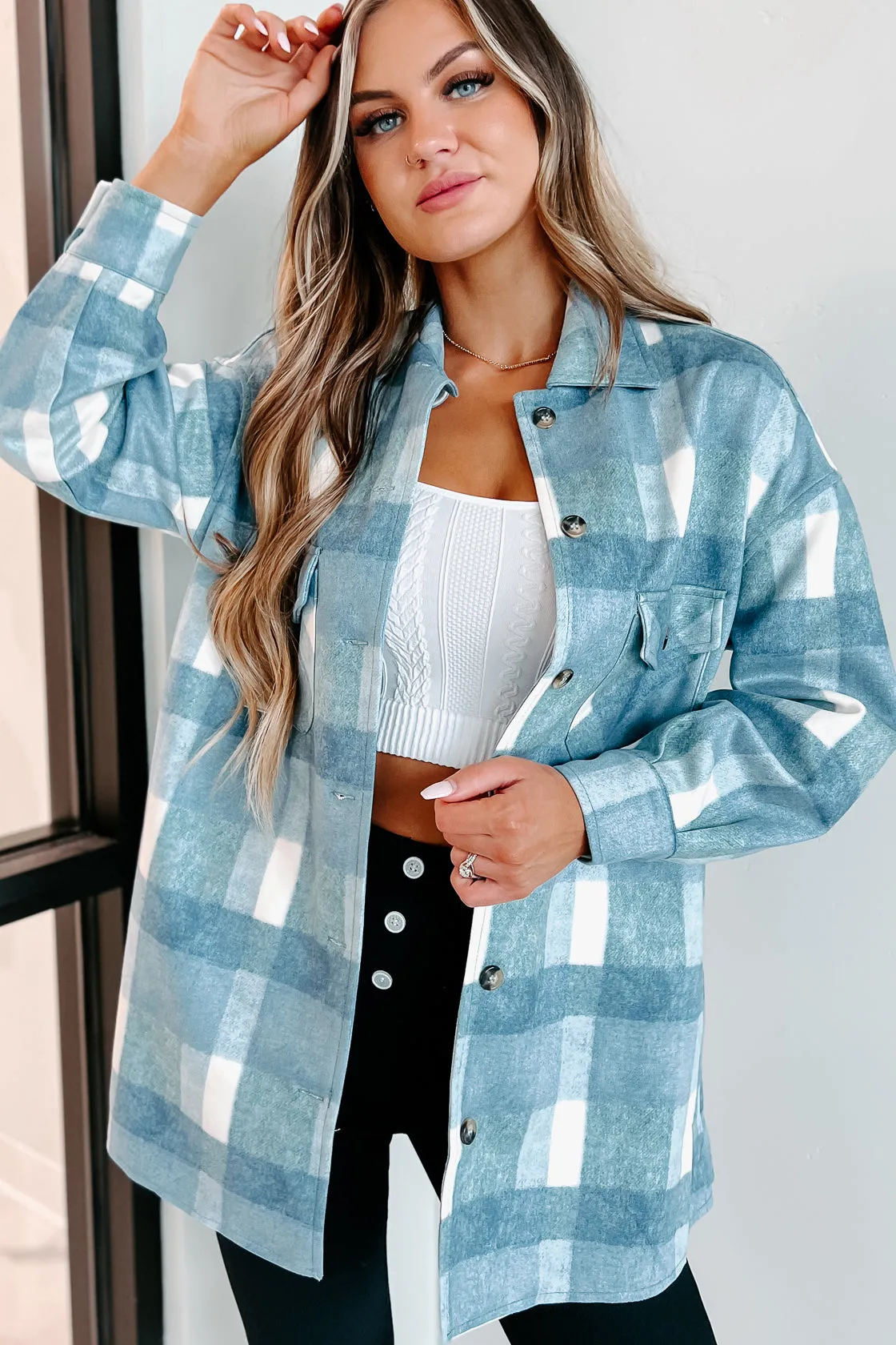 Easy To Read Long Plaid Shacket (Blue)