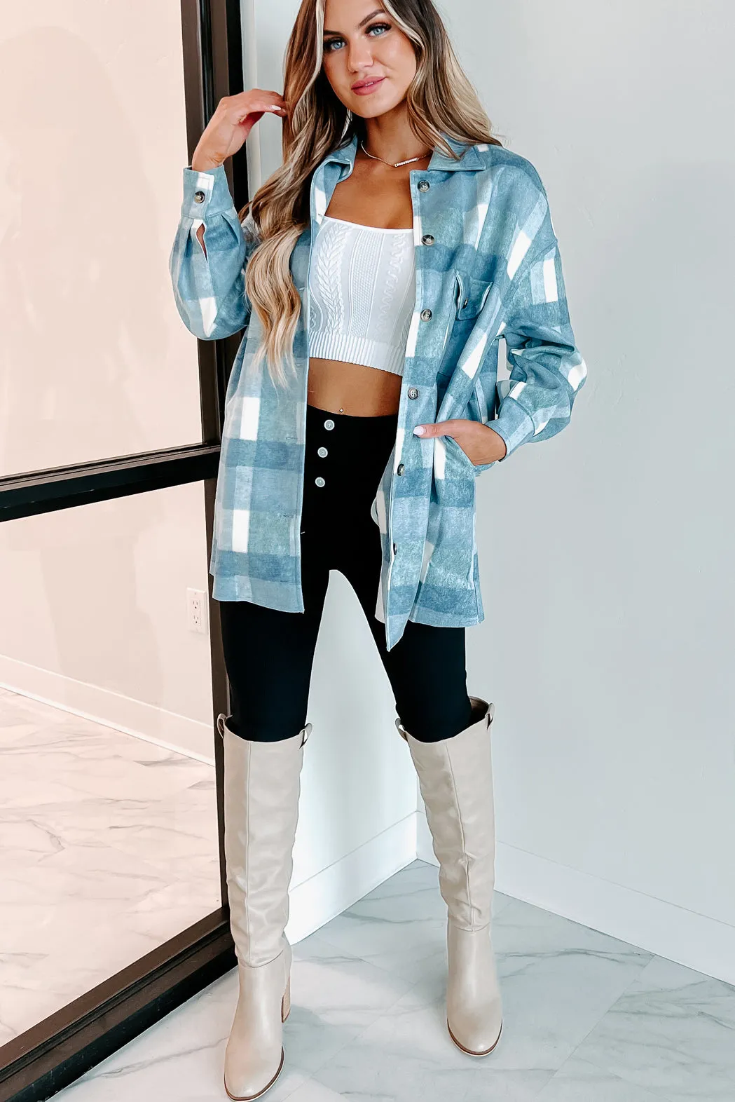 Easy To Read Long Plaid Shacket (Blue)