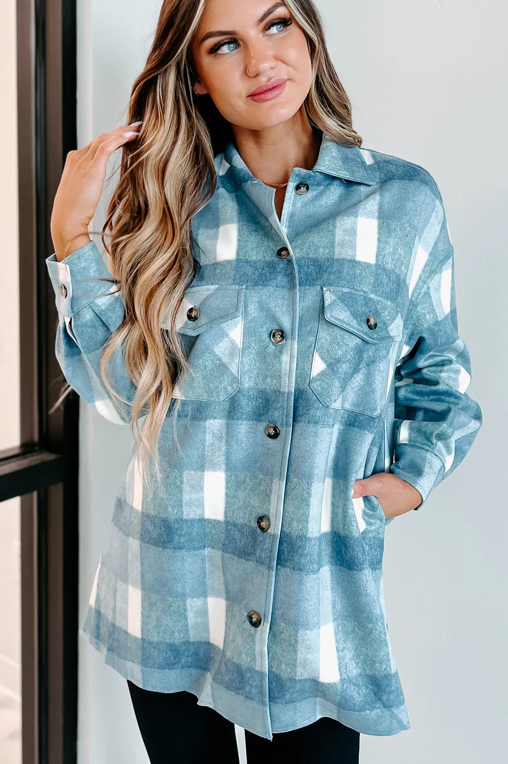 Easy To Read Long Plaid Shacket (Blue)