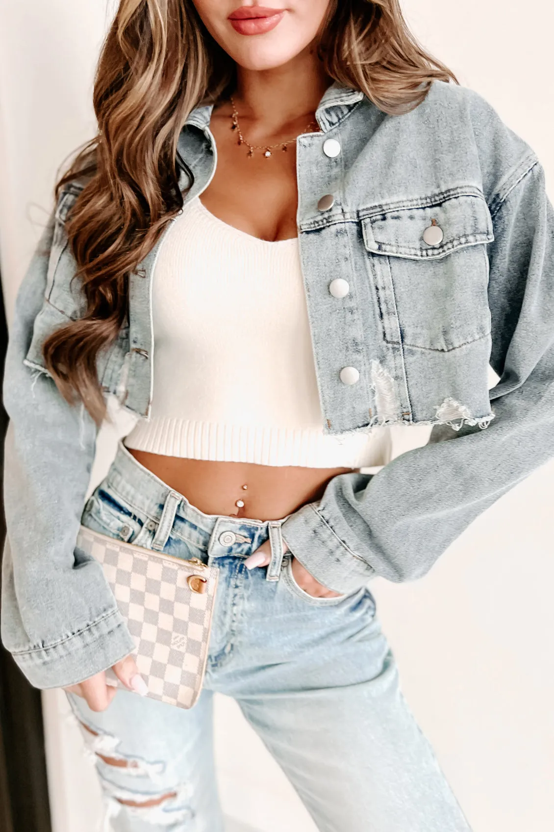 Figure It Out Cropped Denim Shacket (Medium-Light Denim)