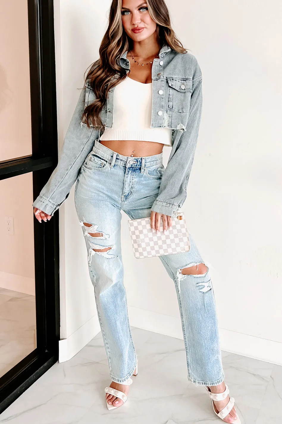 Figure It Out Cropped Denim Shacket (Medium-Light Denim)