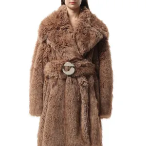 Fur Oversized Belted Coat in Brown