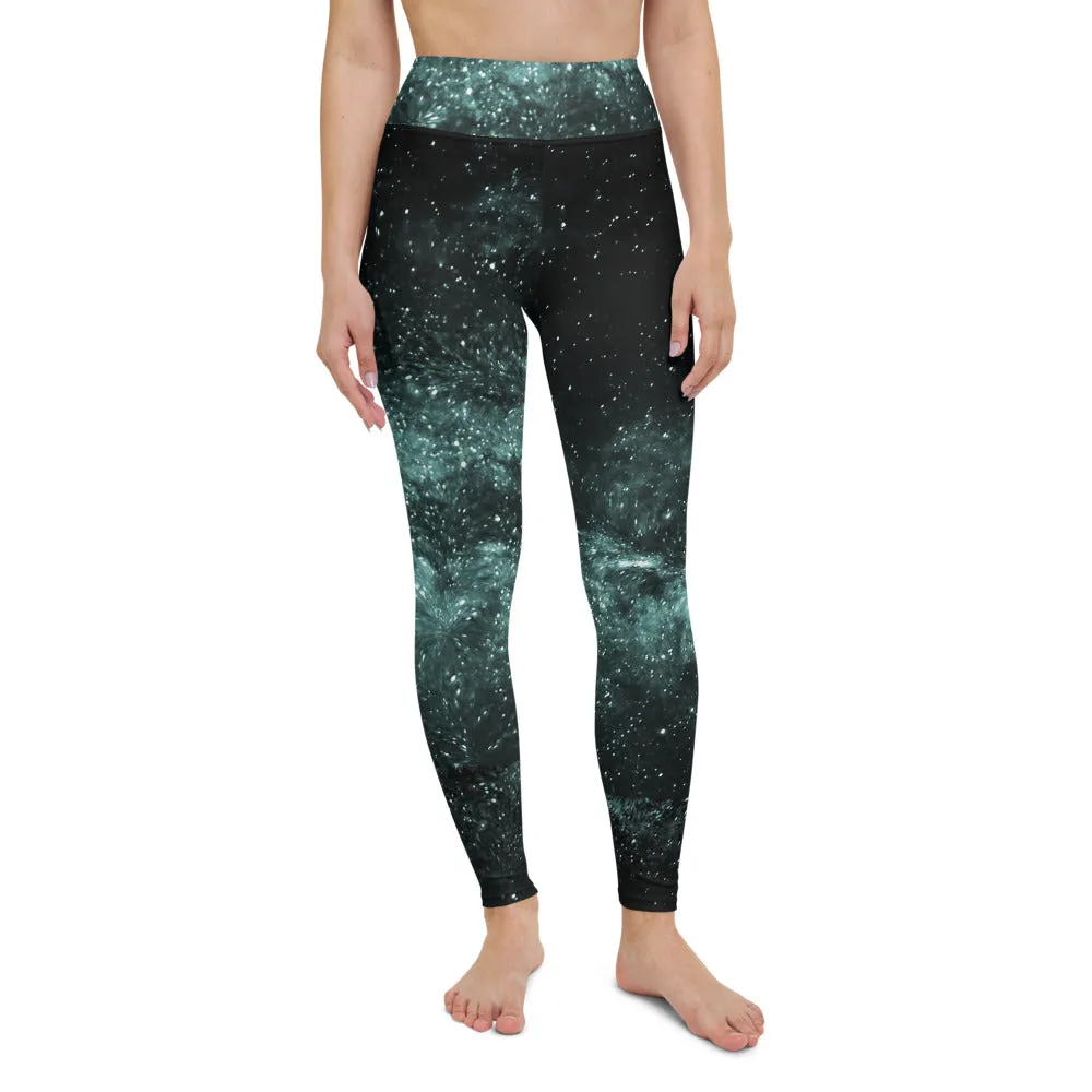 Galaxy Women's Yoga Leggings, Space Cosmos Blue Designer Long Tights For Women-Made in USA/EU