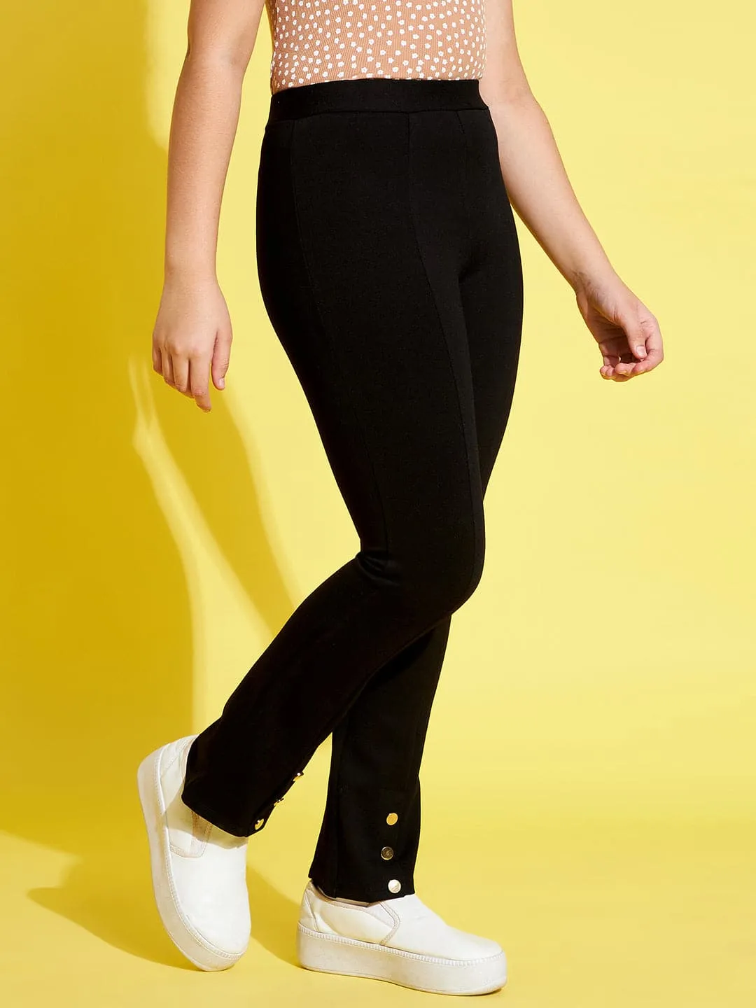 Girls Black Front Button Bell Bottom Pants - Lyush Kids