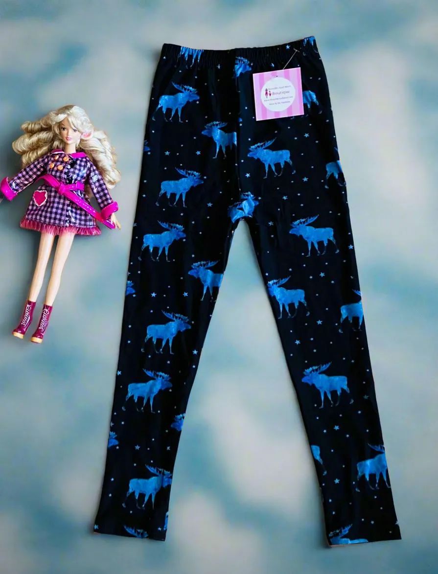 Girls Moose Leggings, Kids Yoga Pants, Sizes S/L, No-Roll Waist, Black/Blue