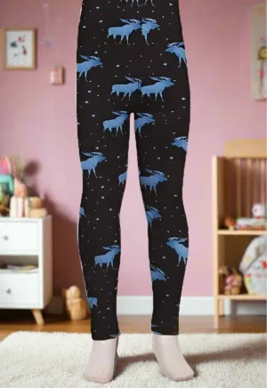 Girls Moose Leggings, Kids Yoga Pants, Sizes S/L, No-Roll Waist, Black/Blue