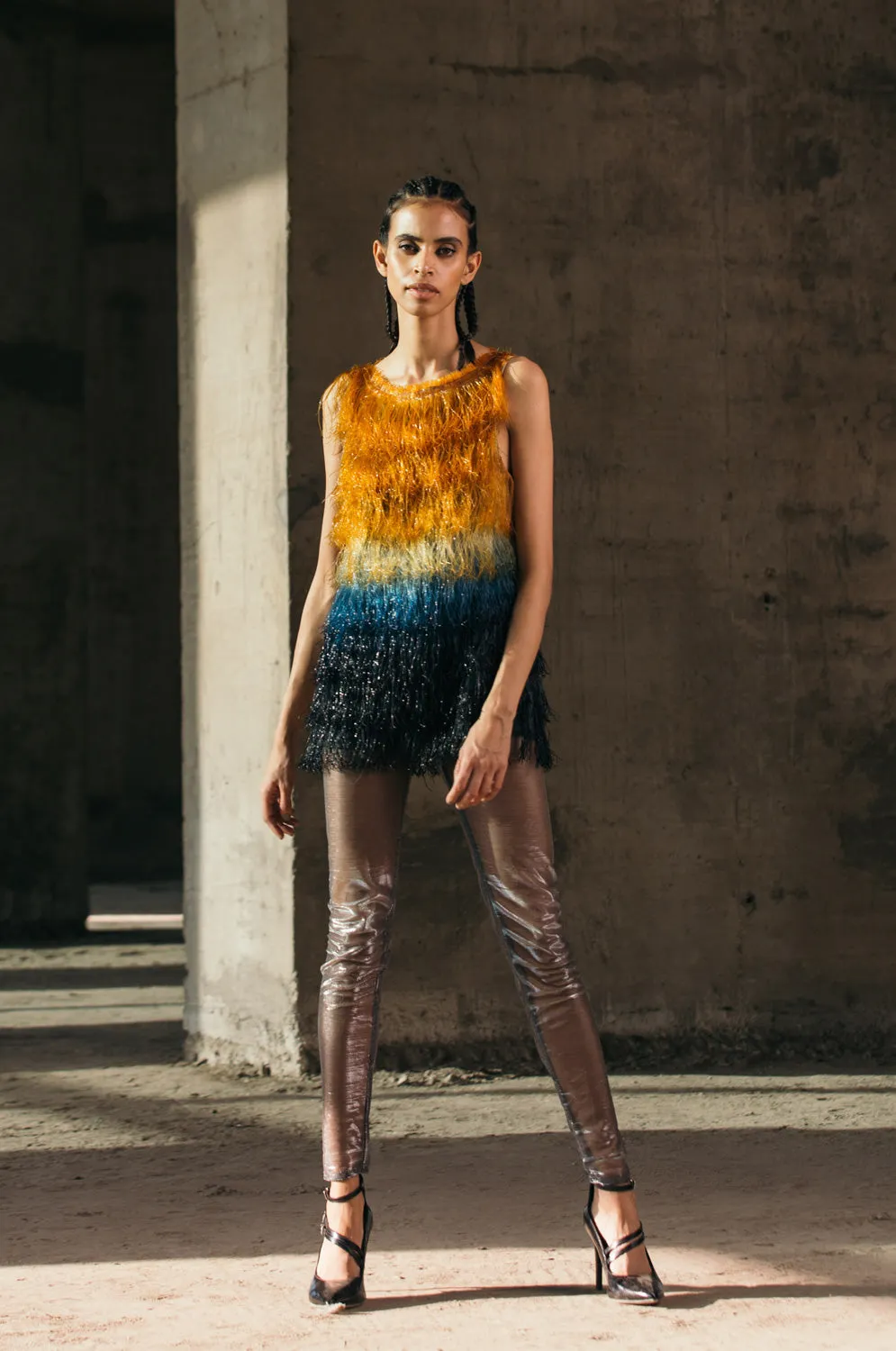 Gradient Glass Fringed Top   Shimmer Lurex Leggings