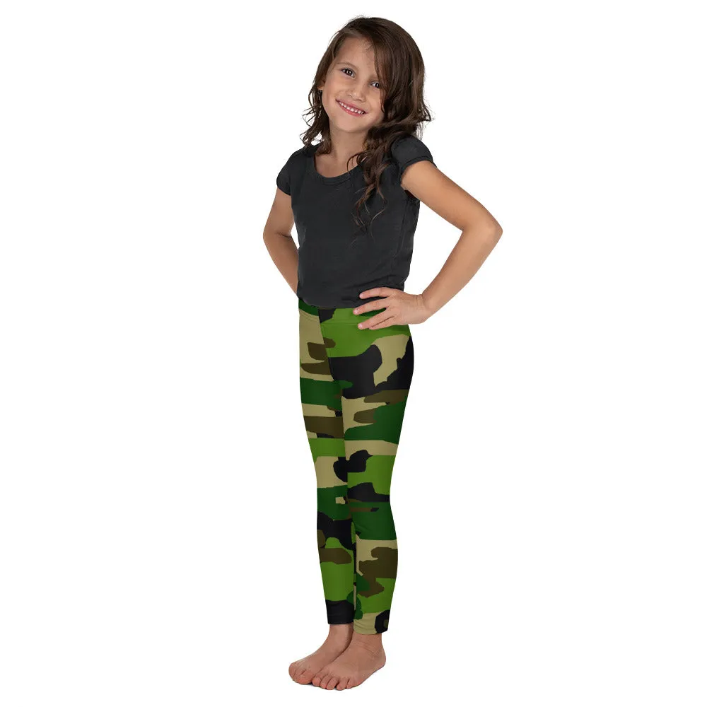 Green Camo Kid's Tights, Camouflage Military Print Green Print Kid's/ Girl's Leggings Tights (2T-7) Made in USA/EU