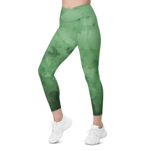 Green Cross Over Women's Tights, Best Women's Crossover Leggings With Pockets For Ladies - Made in USA/EU/MX