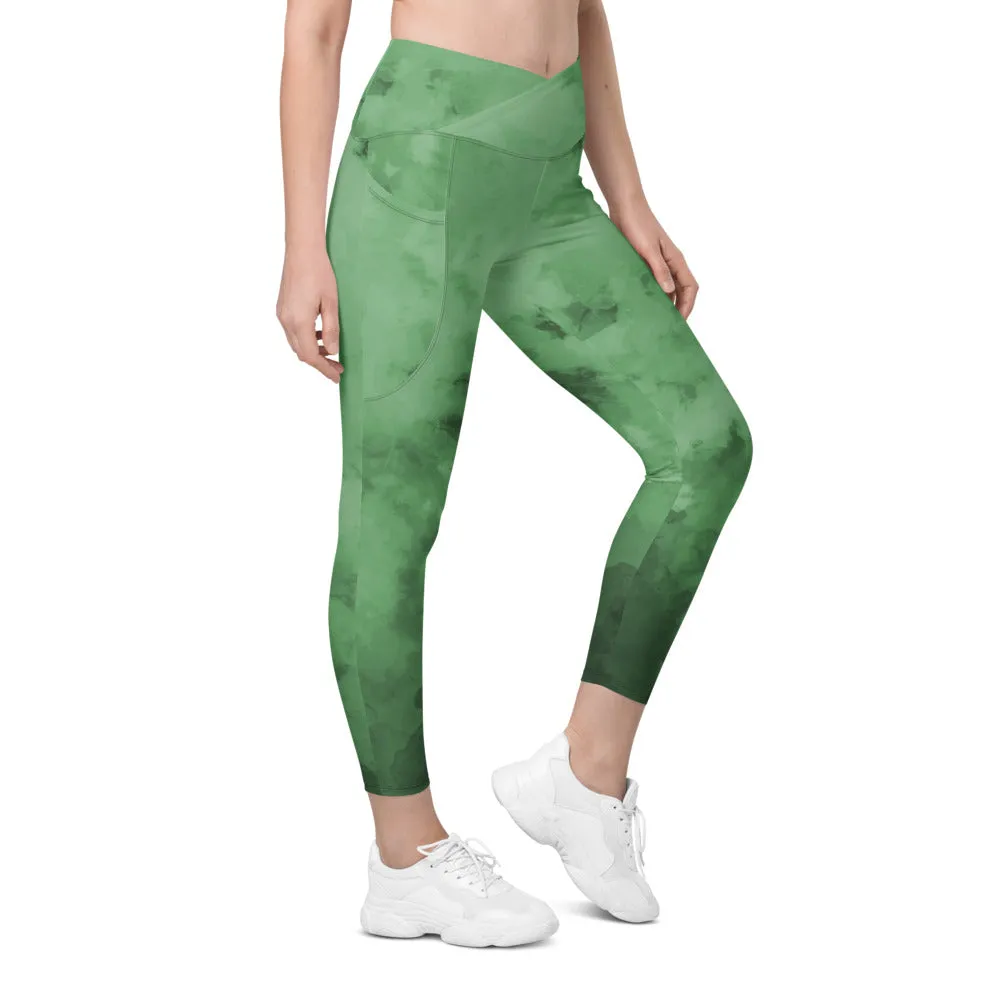 Green Cross Over Women's Tights, Best Women's Crossover Leggings With Pockets For Ladies - Made in USA/EU/MX