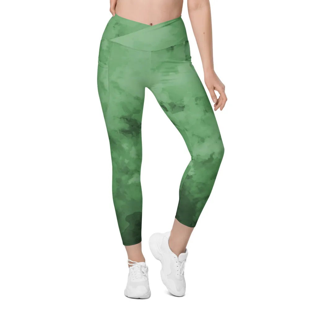 Green Cross Over Women's Tights, Best Women's Crossover Leggings With Pockets For Ladies - Made in USA/EU/MX