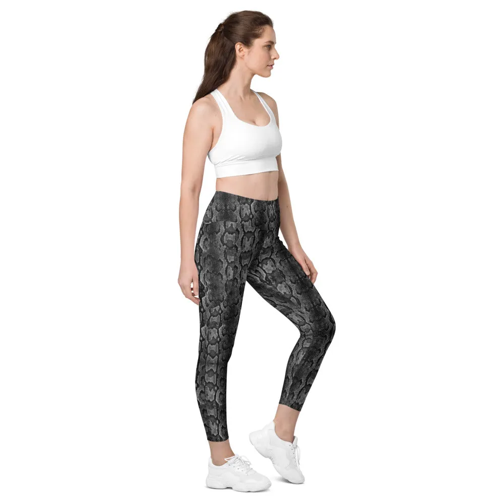 Grey Snake Print Women's Tights, Women's 7/8 Leggings With 2 Side Pockets - Made in USA/EU/MX