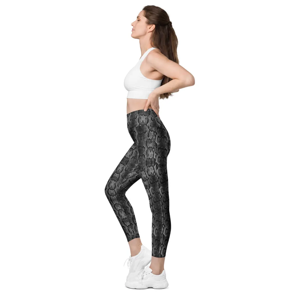 Grey Snake Print Women's Tights, Women's 7/8 Leggings With 2 Side Pockets - Made in USA/EU/MX