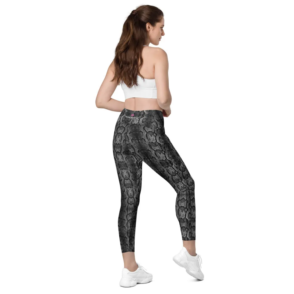 Grey Snake Print Women's Tights, Women's 7/8 Leggings With 2 Side Pockets - Made in USA/EU/MX
