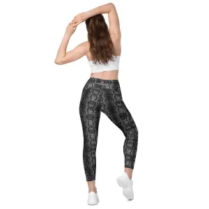 Grey Snake Print Women's Tights, Women's 7/8 Leggings With 2 Side Pockets - Made in USA/EU/MX