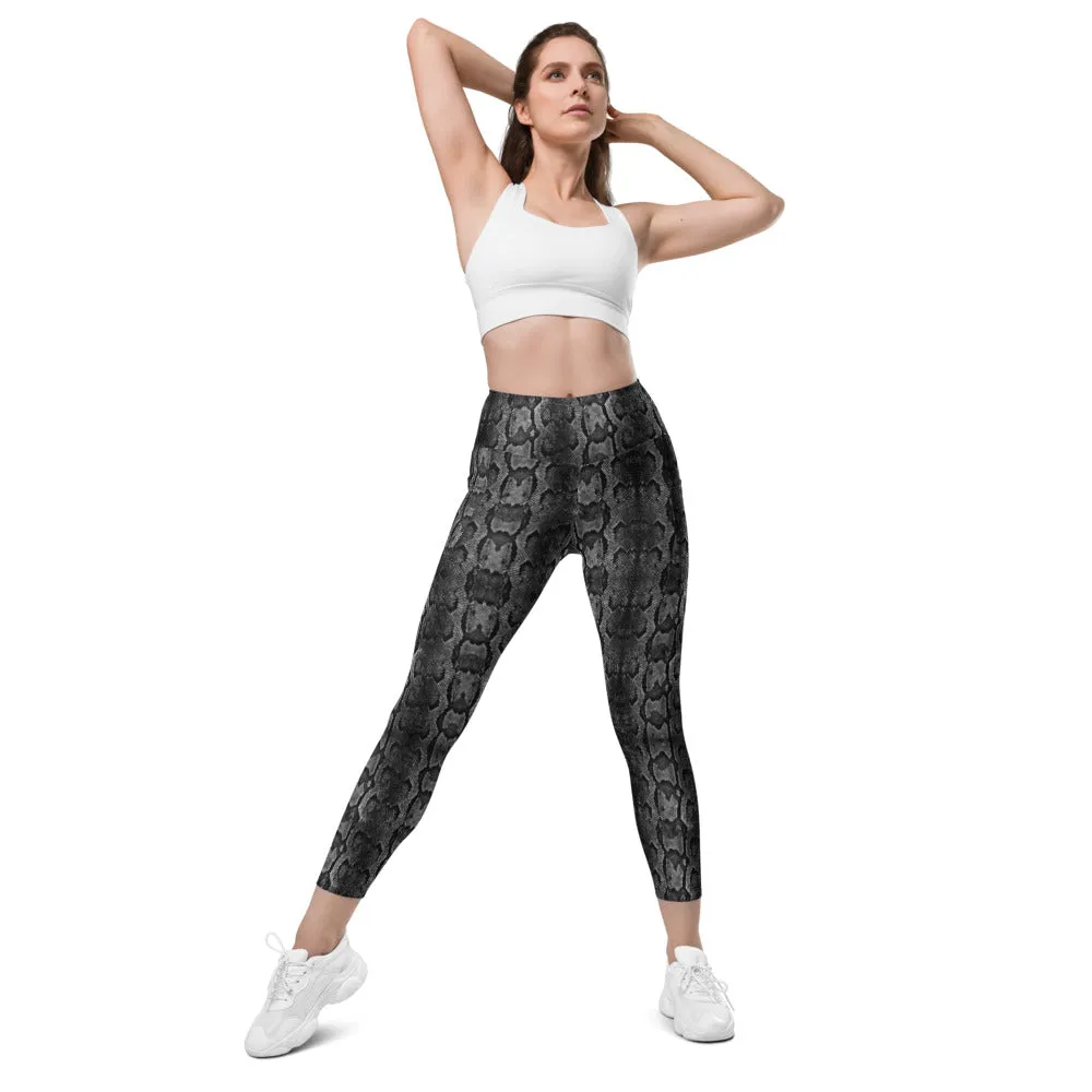 Grey Snake Print Women's Tights, Women's 7/8 Leggings With 2 Side Pockets - Made in USA/EU/MX