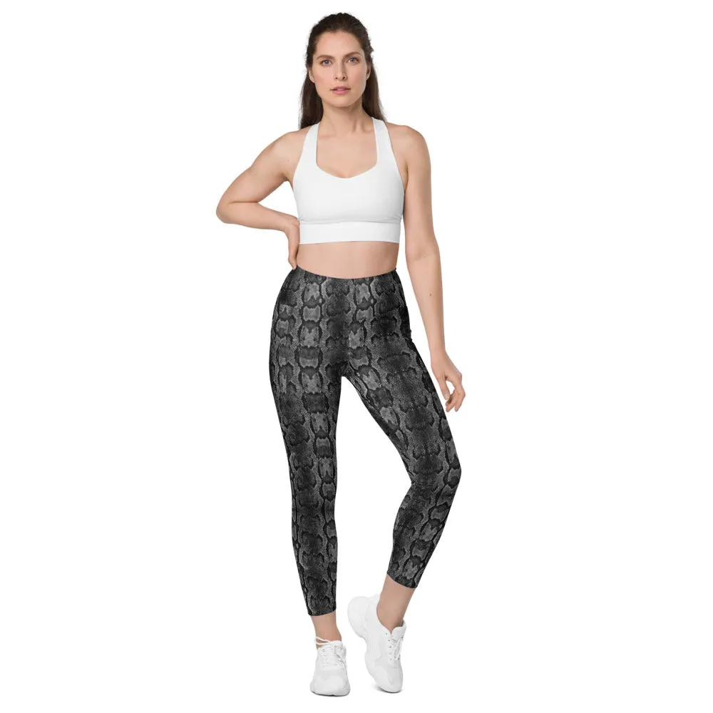 Grey Snake Print Women's Tights, Women's 7/8 Leggings With 2 Side Pockets - Made in USA/EU/MX