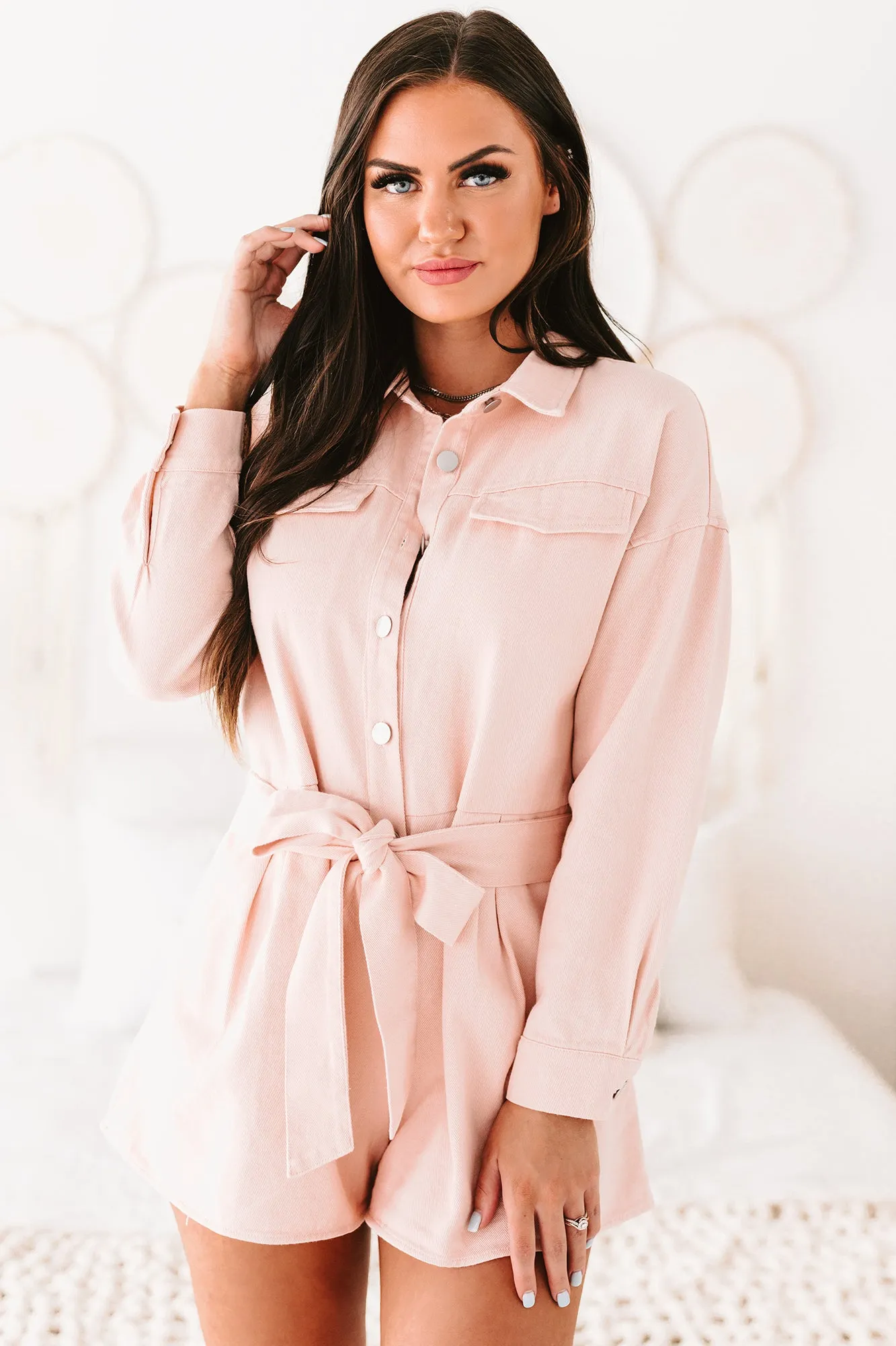 Hit The Highlights Long Sleeve Denim Utility Romper (Light Pink)