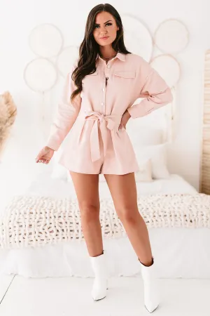 Hit The Highlights Long Sleeve Denim Utility Romper (Light Pink)