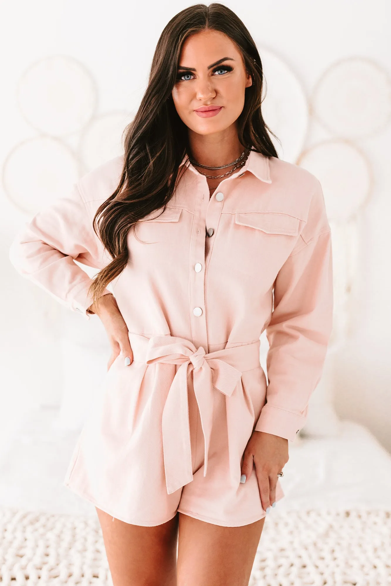 Hit The Highlights Long Sleeve Denim Utility Romper (Light Pink)