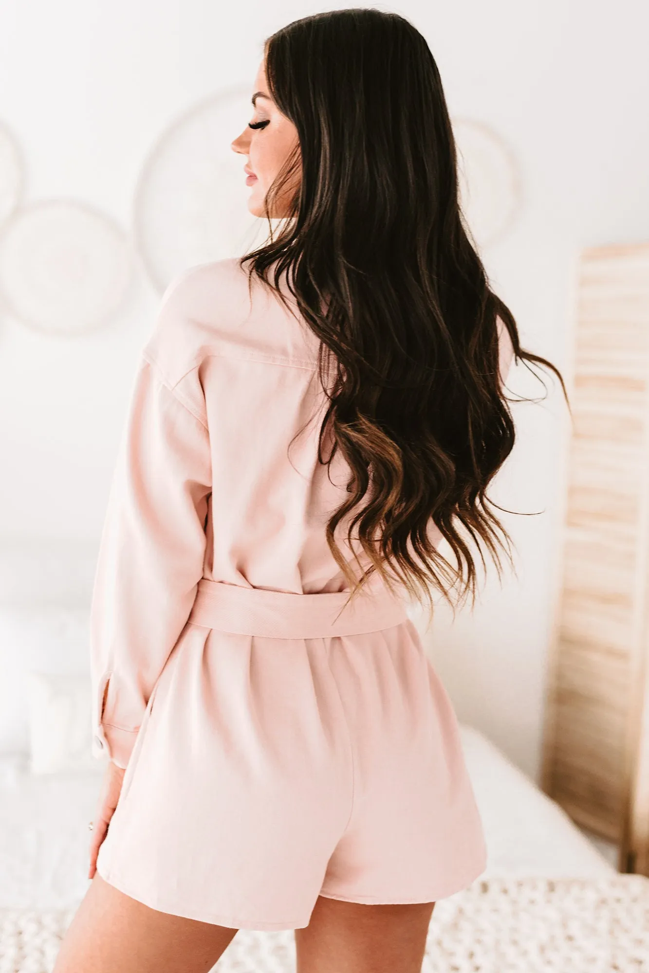 Hit The Highlights Long Sleeve Denim Utility Romper (Light Pink)
