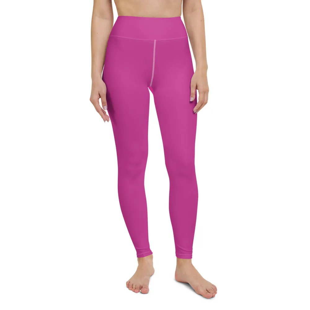 Hot Pink Women's Yoga Leggings, Best Solid Pink Color Active Wear-Made in USA/EU/MX