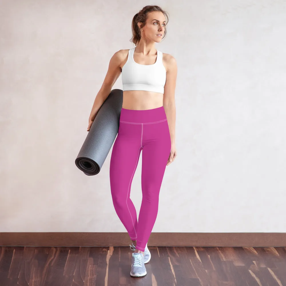 Hot Pink Women's Yoga Leggings, Best Solid Pink Color Active Wear-Made in USA/EU/MX