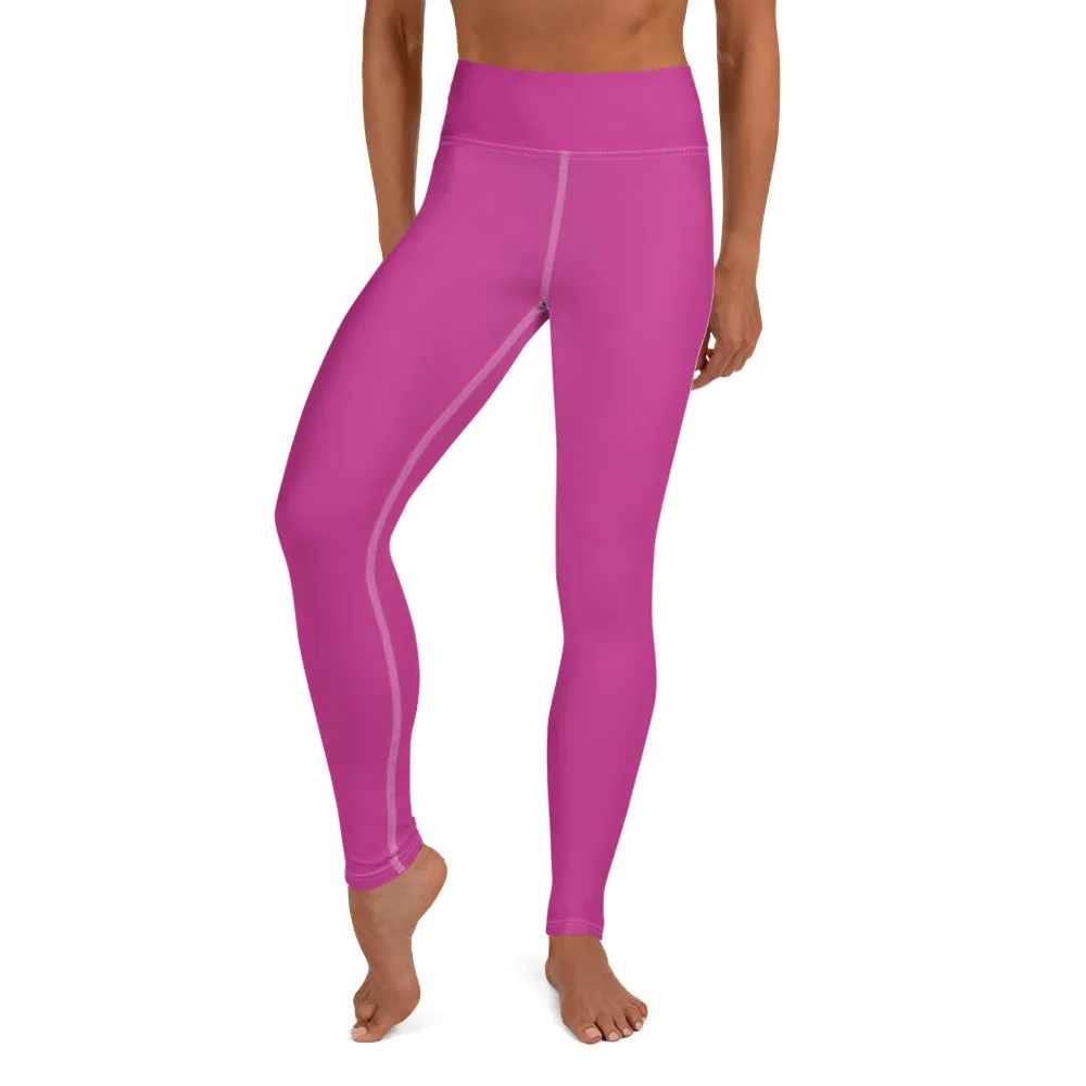 Hot Pink Women's Yoga Leggings, Best Solid Pink Color Active Wear-Made in USA/EU/MX
