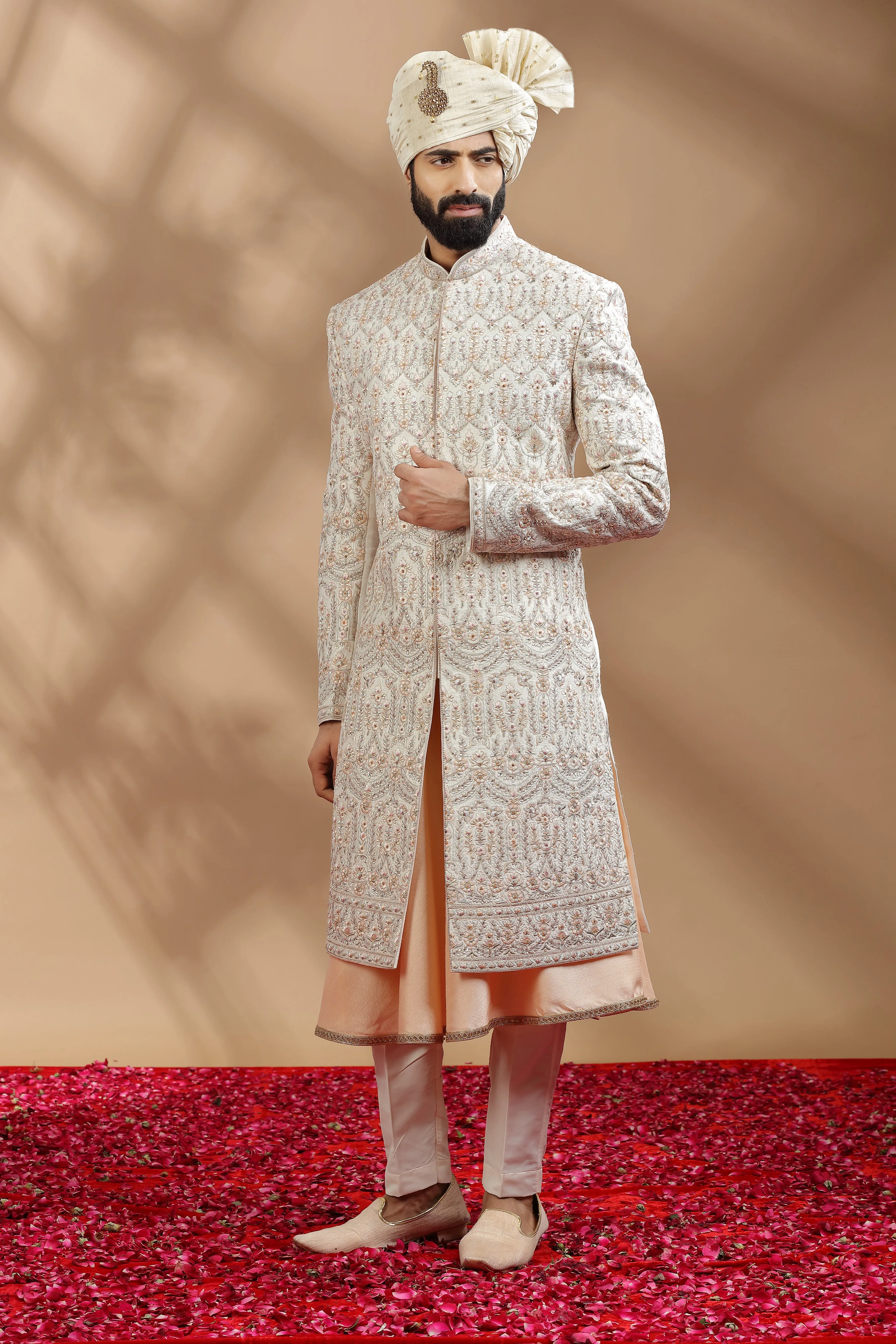 Ivory Jacket With Handwork Embroidery In Threads And Sequins. Layerd On Anarkali Kurta