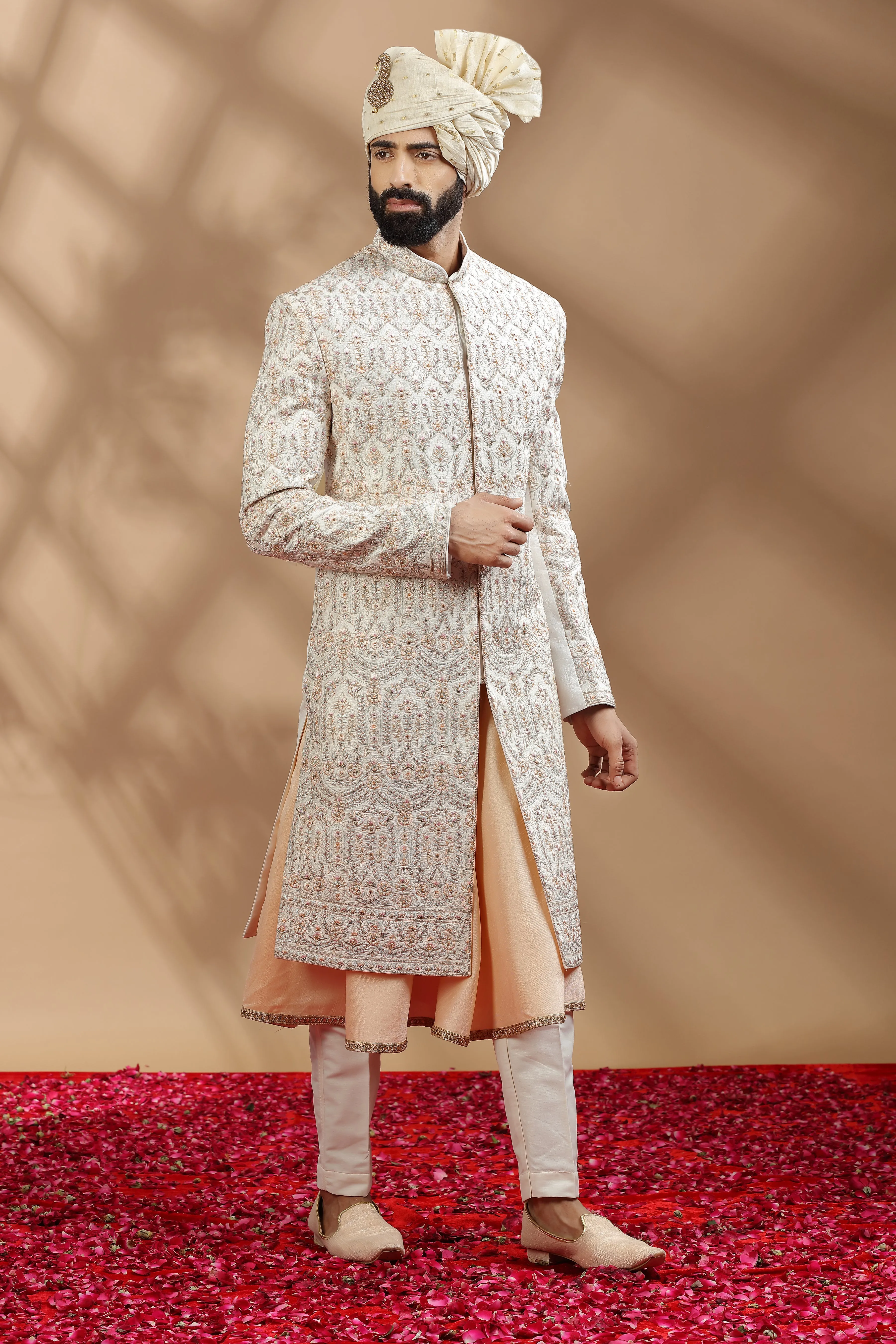Ivory Jacket With Handwork Embroidery In Threads And Sequins. Layerd On Anarkali Kurta